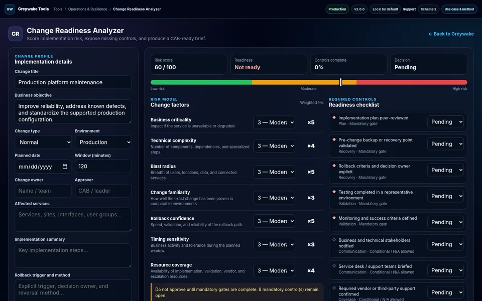 Change Readiness Analyzer application interface