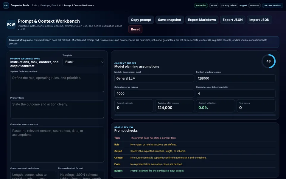 Prompt & Context Workbench application interface