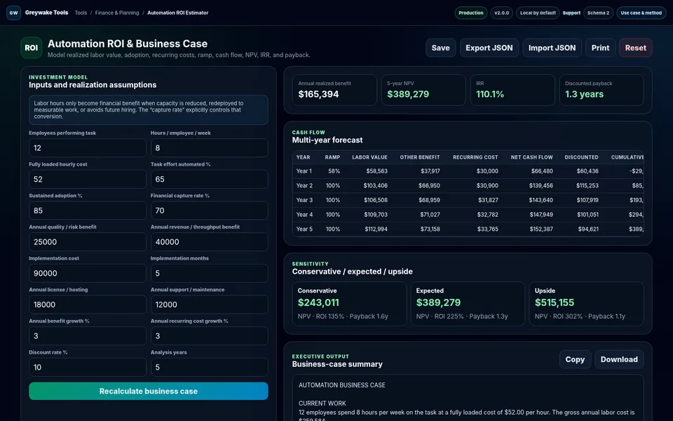 Automation ROI Estimator application interface