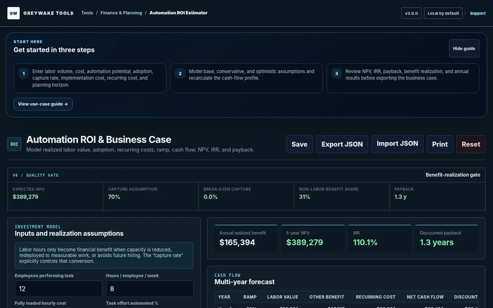 Automation ROI Estimator interface
