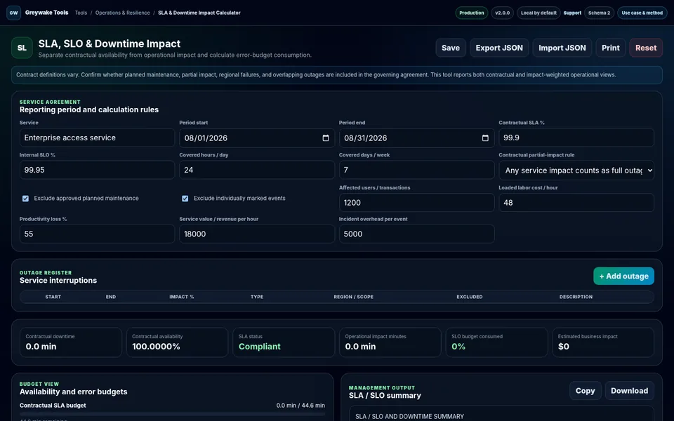 SLA & Downtime Impact Calculator application interface
