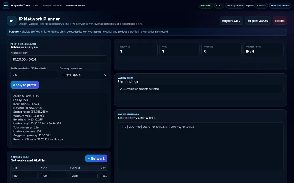 IP Network Planner application interface